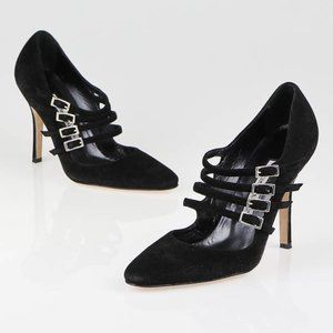 Manolo Blahnik Black W Suede High 4" Heel W/ Strap